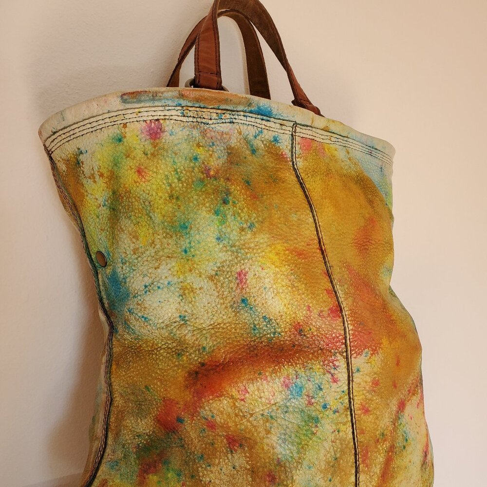 Lucky leather rainbow cowgirl hippie XL tote dyed orange blue green yellow red - Picture 4 of 15